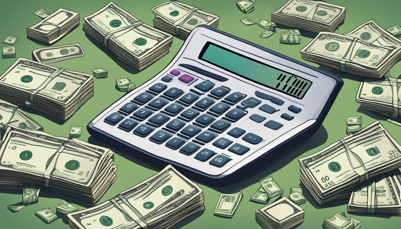 A calculator surrounded by stacks of cash, representing the key components of whole life insurance and the growth of cash value over time