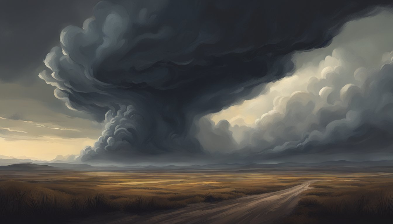 A dark, ominous cloud looms over a desolate landscape, casting a sense of fear and uncertainty