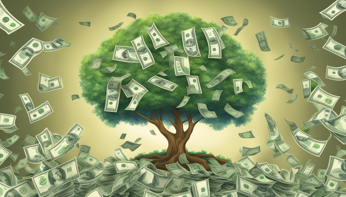 A tree growing money instead of leaves, with dollar bills accumulating on its branches over time