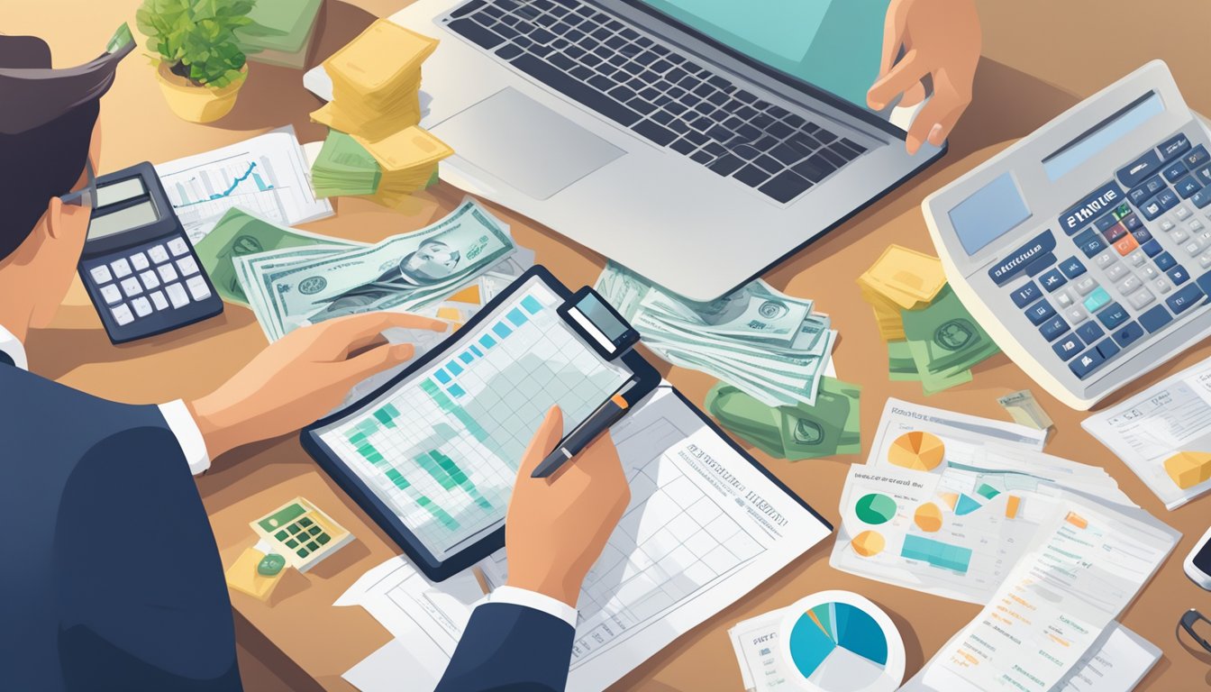 A person using a calculator to determine cash value for whole life insurance, surrounded by financial planning documents and charts