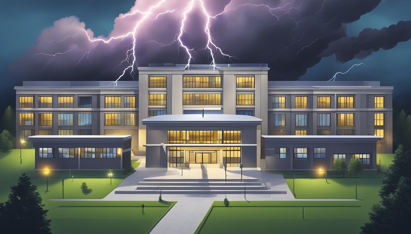 A dark storm cloud casting a shadow over a hospital, with a lightning bolt striking the building