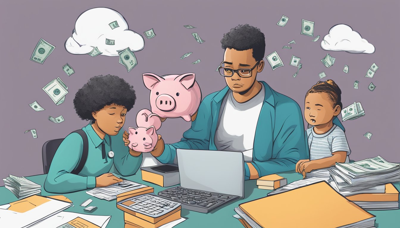 A dark cloud looms over a pile of medical bills, a cracked piggy bank, and a worried family huddled around a calculator