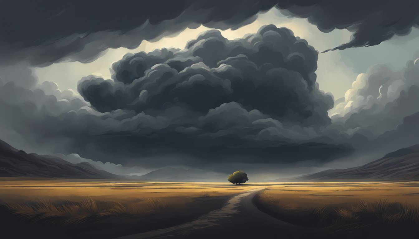 A dark, ominous cloud looms over a desolate landscape, casting a shadow of fear and uncertainty