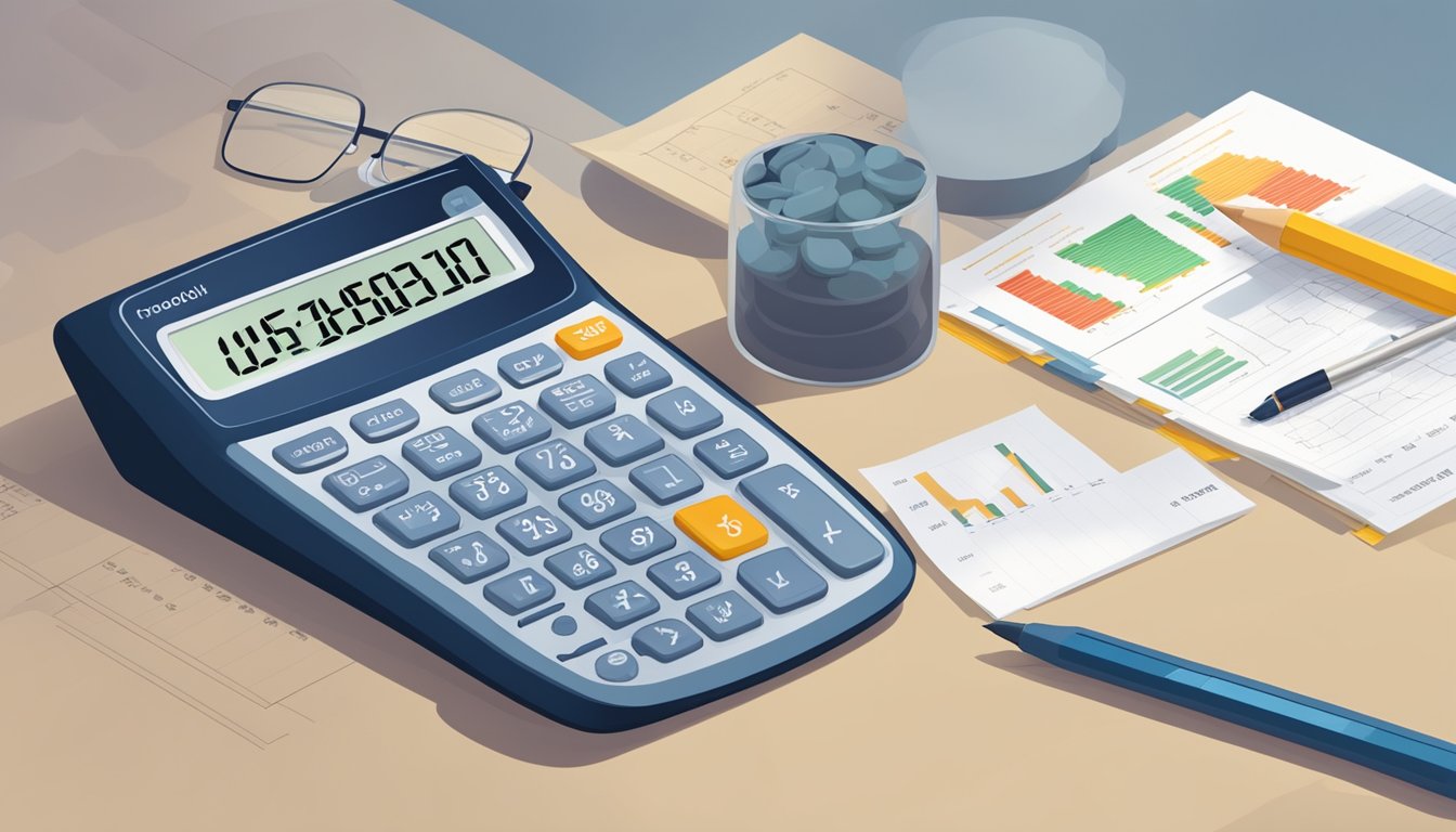 A calculator surrounded by financial documents and charts, with a graph showing the growth of cash value over time