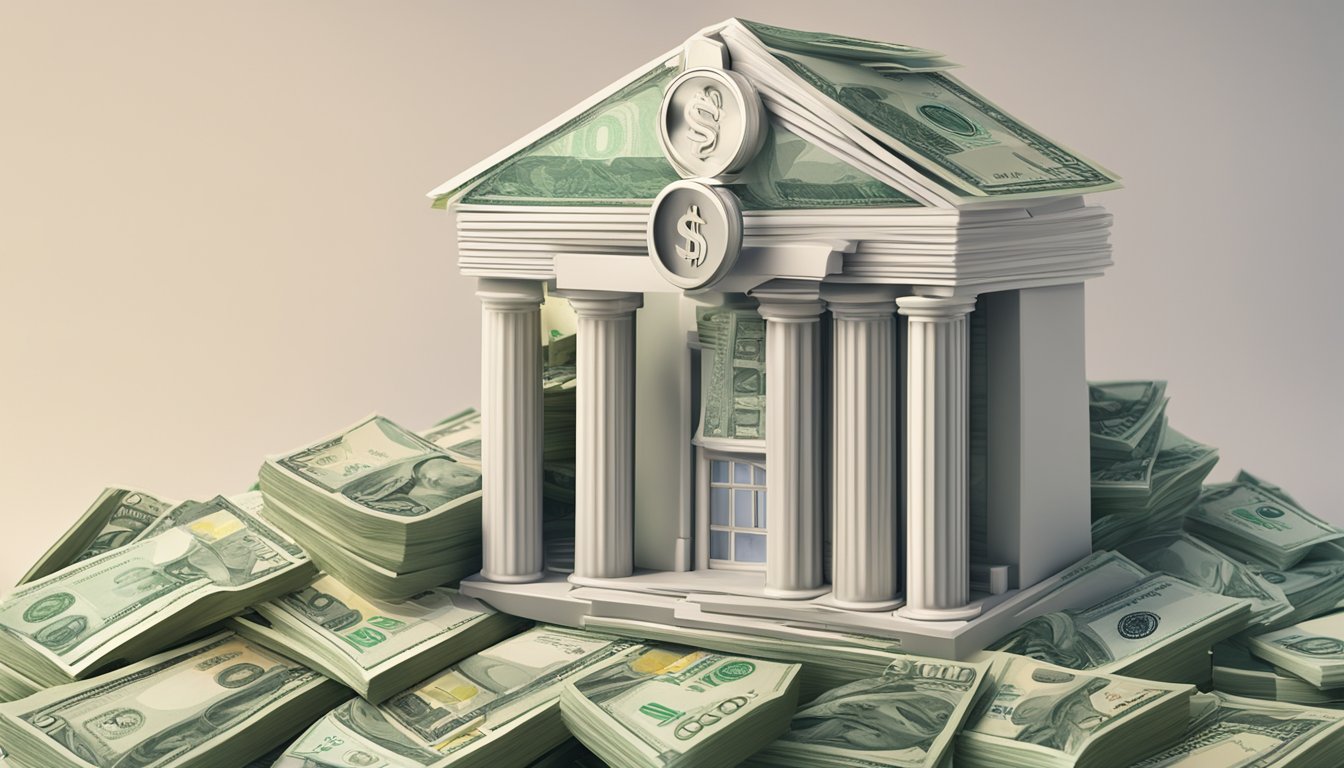 A stack of money grows from a life insurance policy, surrounded by symbols of financial growth and security