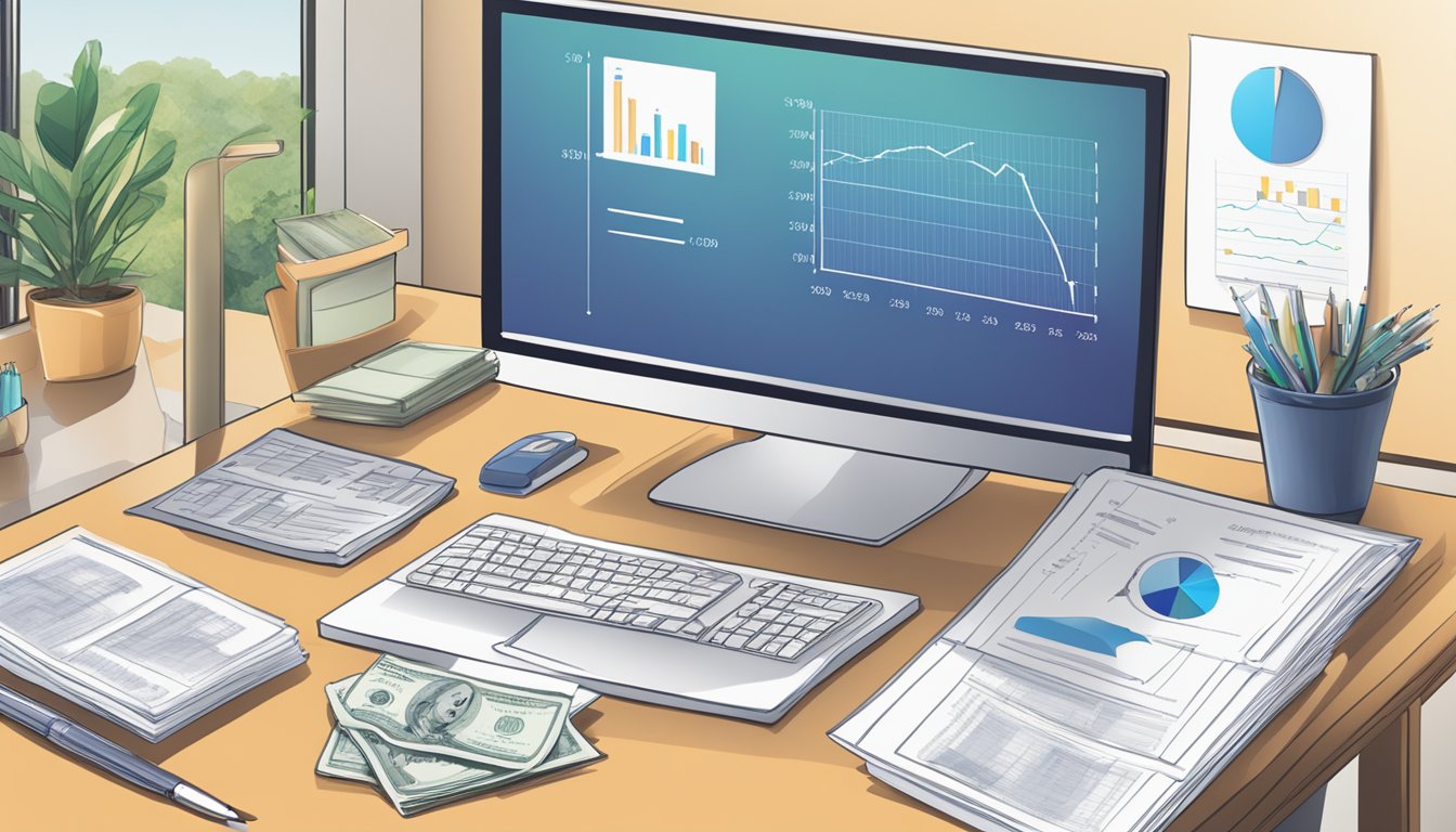 A serene office setting with a desk, computer, and files. A chart shows the growth of a cash value universal life insurance policy