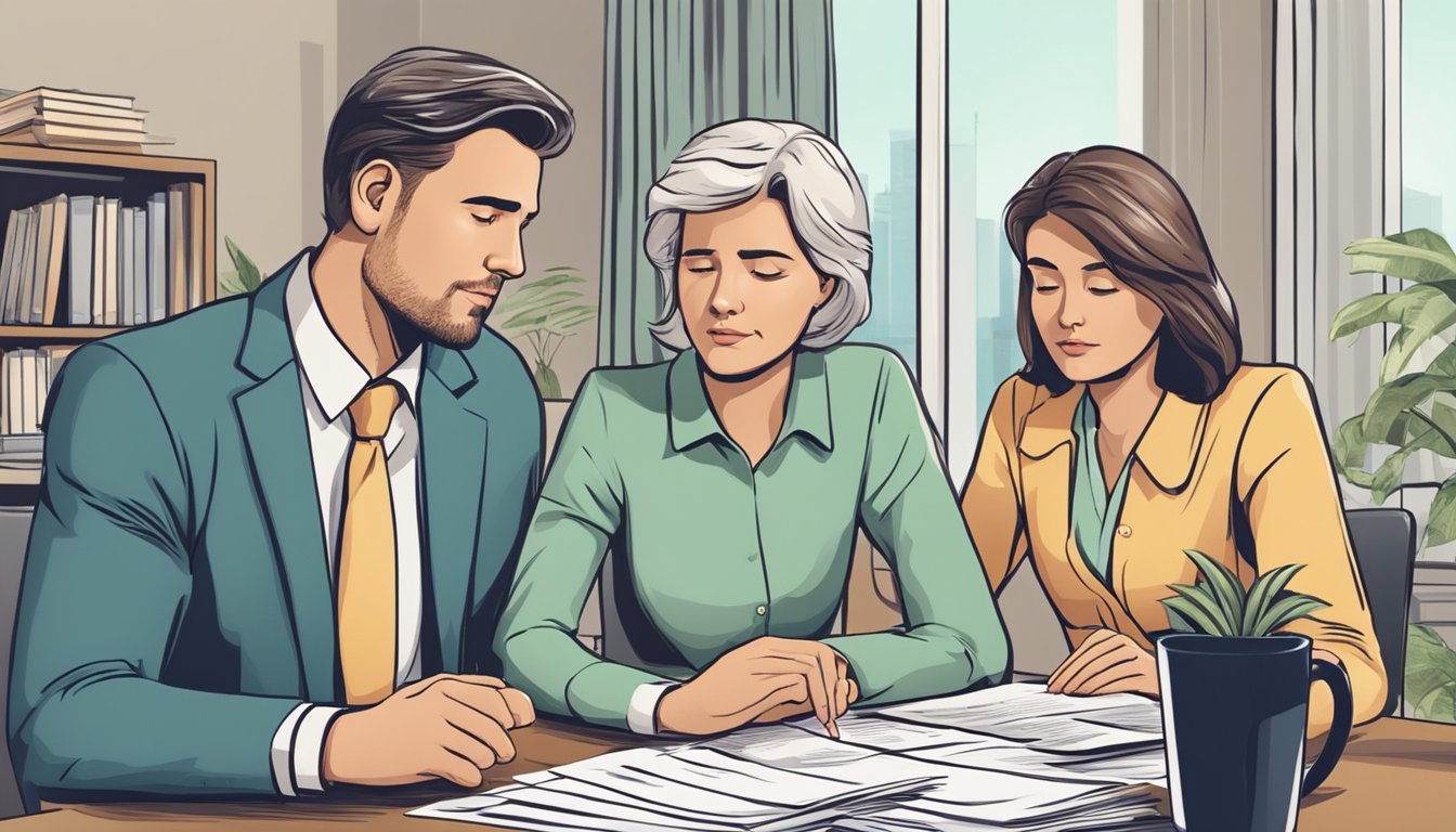 A family sits around a table, discussing cash value universal life insurance. They are surrounded by paperwork and financial documents, looking concerned and thoughtful