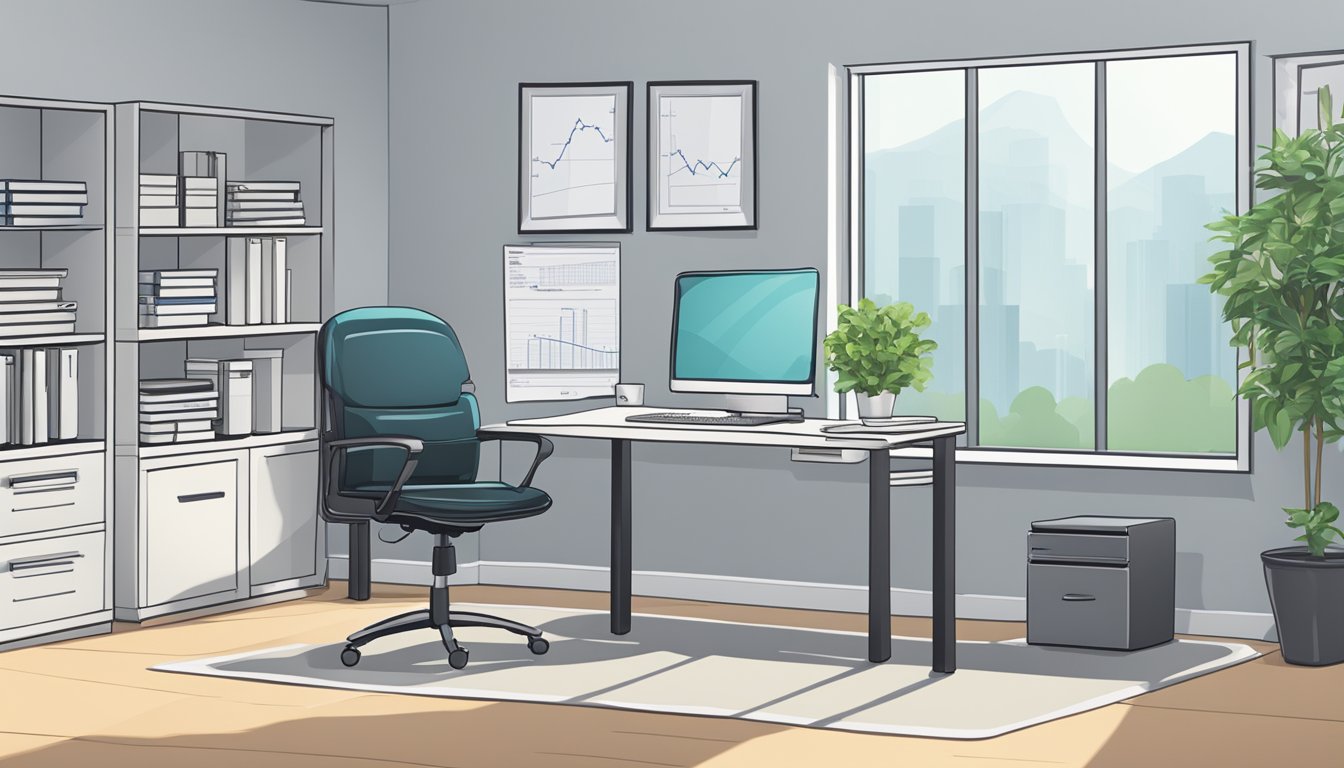 A serene office setting with a desk, computer, and file cabinets. A chart or graph displaying cash value life insurance concepts on the computer screen