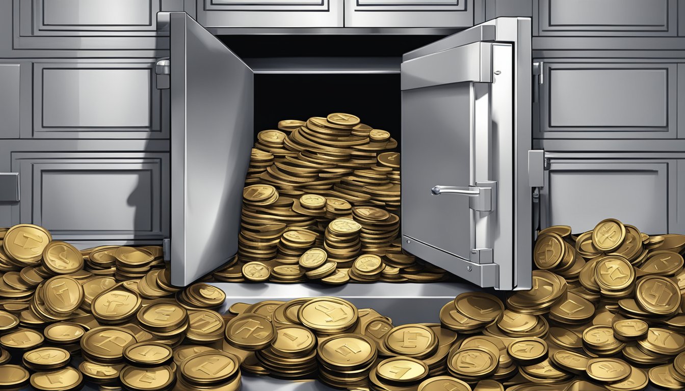 A pile of coins stacked on top of a solid, sturdy bank vault