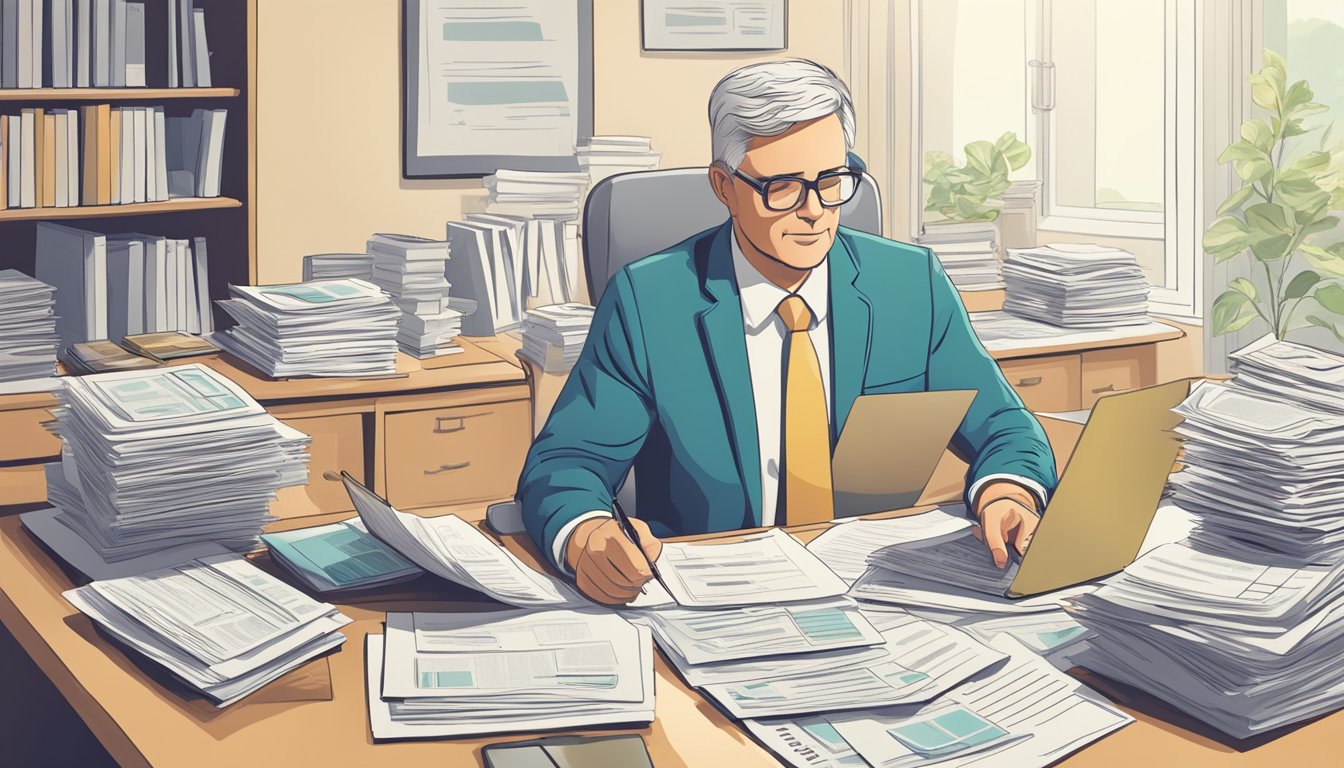 A person sitting at a desk, surrounded by paperwork and financial documents, comparing different life insurance options for retirement planning