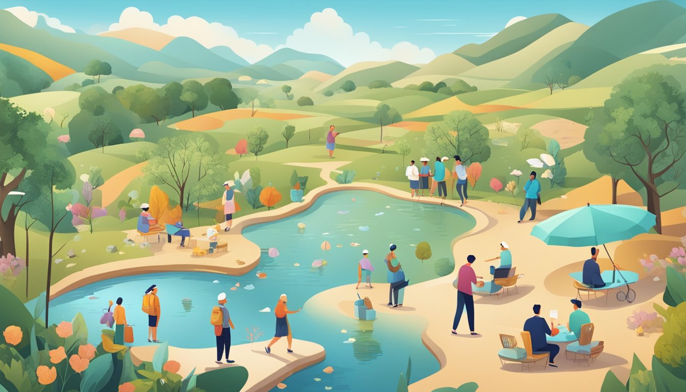 A serene landscape with a diverse group of people enjoying retirement activities, surrounded by symbols representing additional insurance features