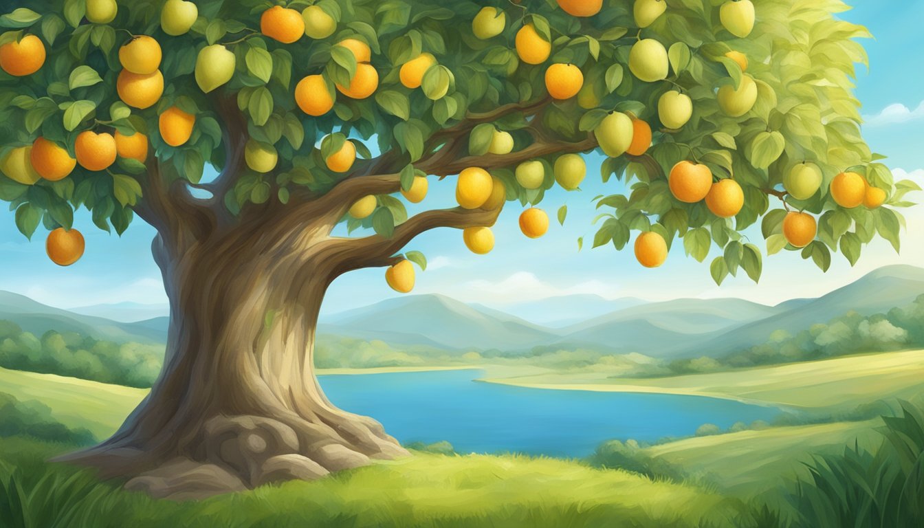 A serene, idyllic setting with a tree bearing abundant fruit, symbolizing the guaranteed cash value of life insurance growing over time