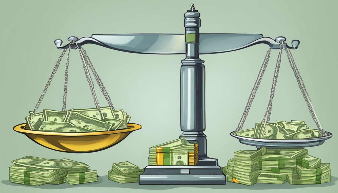 A scale weighing two stacks of money, one labeled "Guaranteed Cash Value" and the other "Life Insurance Policies."