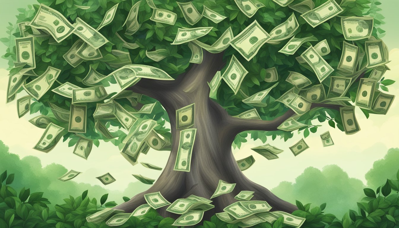 A tree growing money in a lush forest, with a compound interest calculator and a cash value life insurance policy nestled among the branches