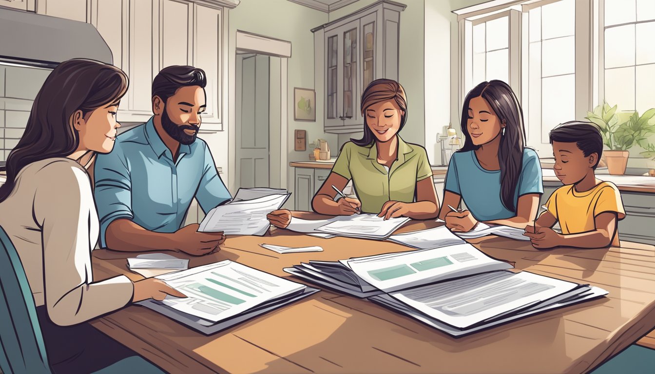 A family sitting at a kitchen table reviewing paperwork with a financial advisor, discussing guaranteed cash value life insurance