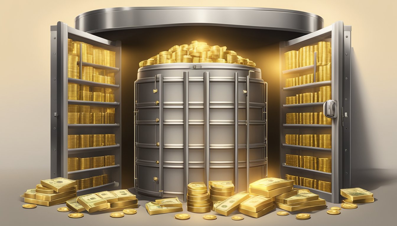 A serene and secure bank vault filled with stacks of cash and valuable assets, surrounded by a warm, golden glow