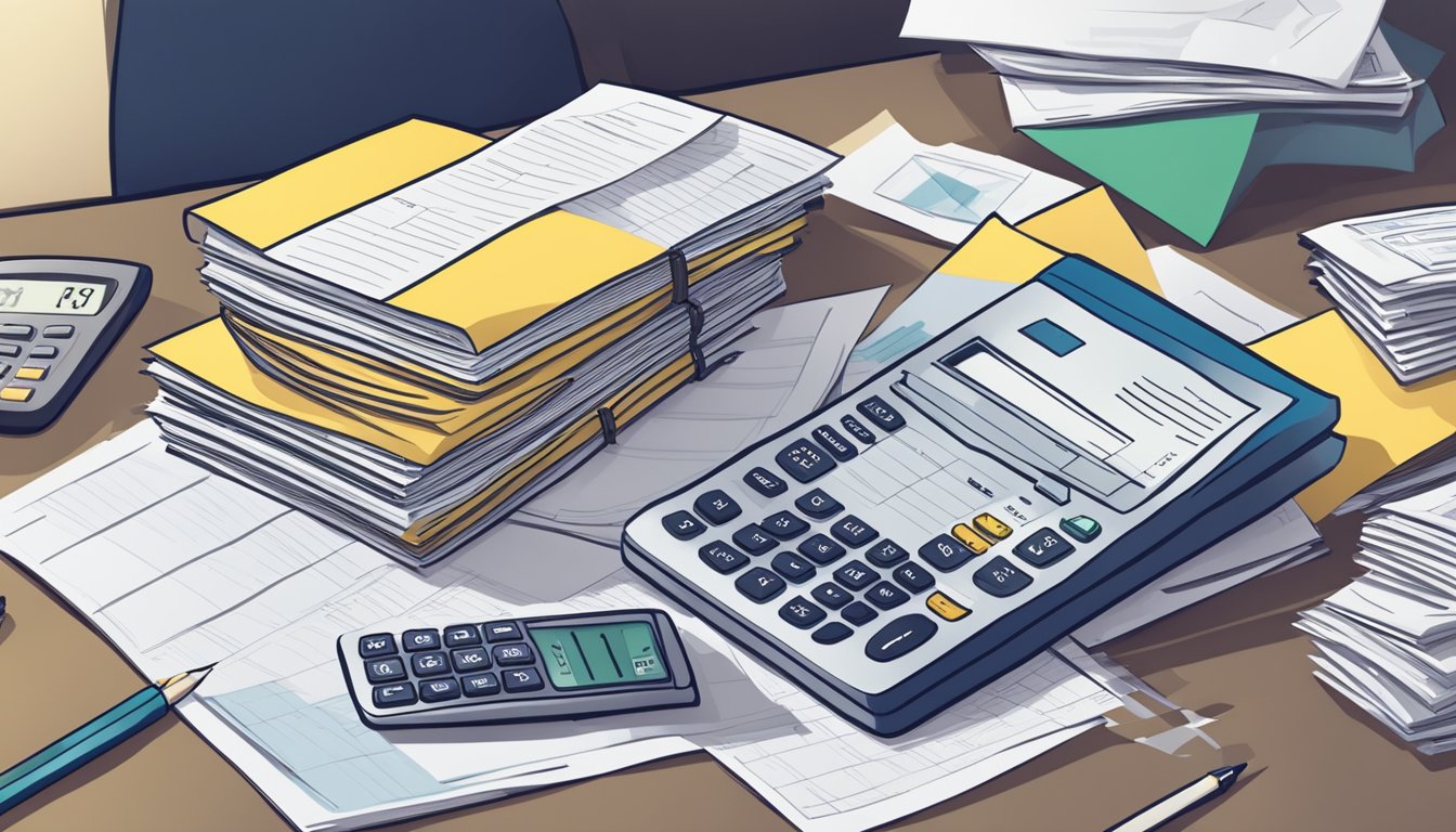 A pile of bills and receipts stacked on a desk, with a calculator and an insurance policy document nearby