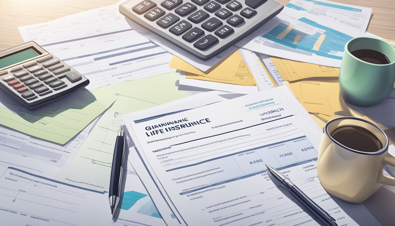 A stack of policy statements and illustrations for guaranteed cash value life insurance on a desk, surrounded by financial documents and a calculator