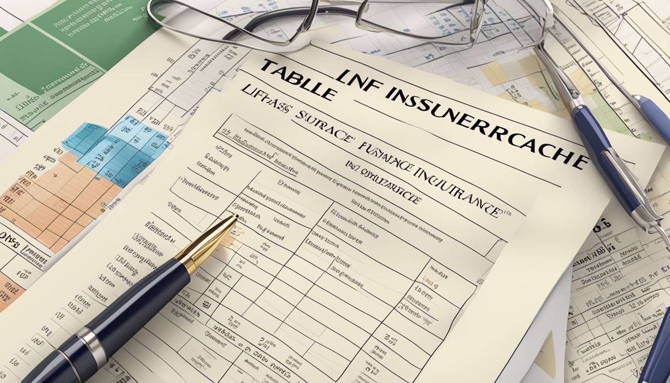 A table with various life insurance policy types and features, alongside a balance sheet showing the cash surrender value of life insurance