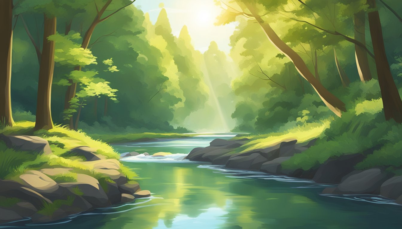 A tranquil river flowing through a lush forest, with sunlight casting dappled shadows on the water's surface