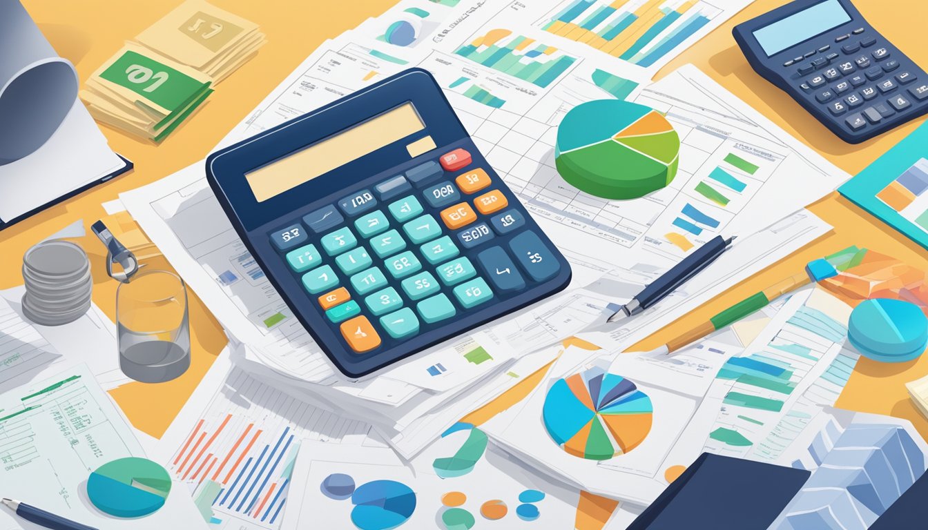 A calculator surrounded by financial documents and charts, representing policy management and strategy for cash value life insurance