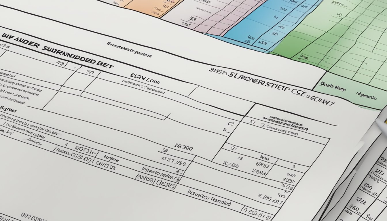 A life insurance policy document with a highlighted section on surrender charges, alongside a balance sheet showing the cash surrender value