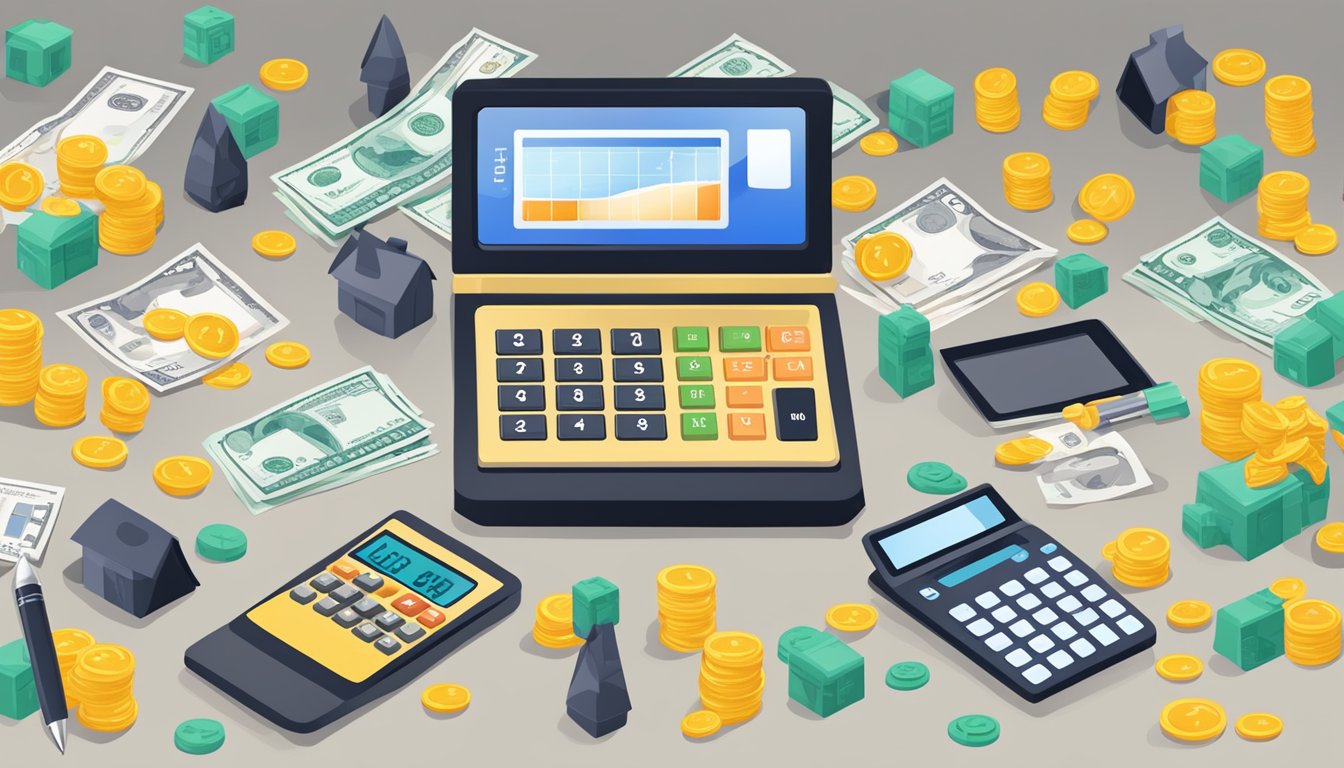 A bustling market with various financial symbols floating above, and a calculator displaying cash value life insurance policy