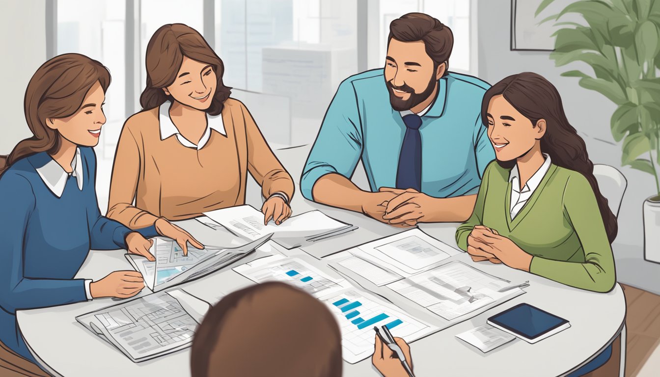 A family sitting around a table, discussing financial options with a representative. A chart comparing traditional whole life insurance with Gerber life insurance is displayed on a screen