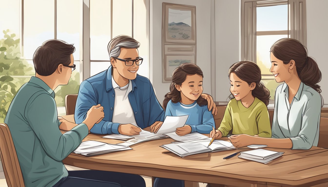 A family sitting around a table, discussing financial planning and reviewing documents related to the cash value of their Gerber Life insurance policy