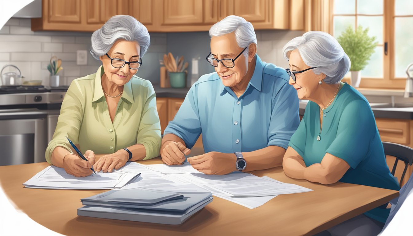 A serene elderly couple sitting at a kitchen table, reviewing paperwork with a Gerber Life Insurance agent. The couple appears content and reassured