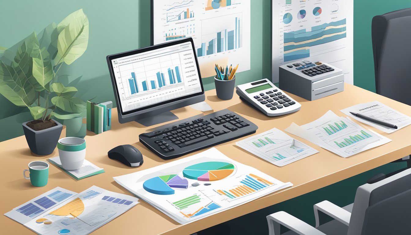 A sleek, modern office desk with papers and charts scattered about, a calculator, and a computer screen displaying graphs and charts related to cash value life insurance benefits