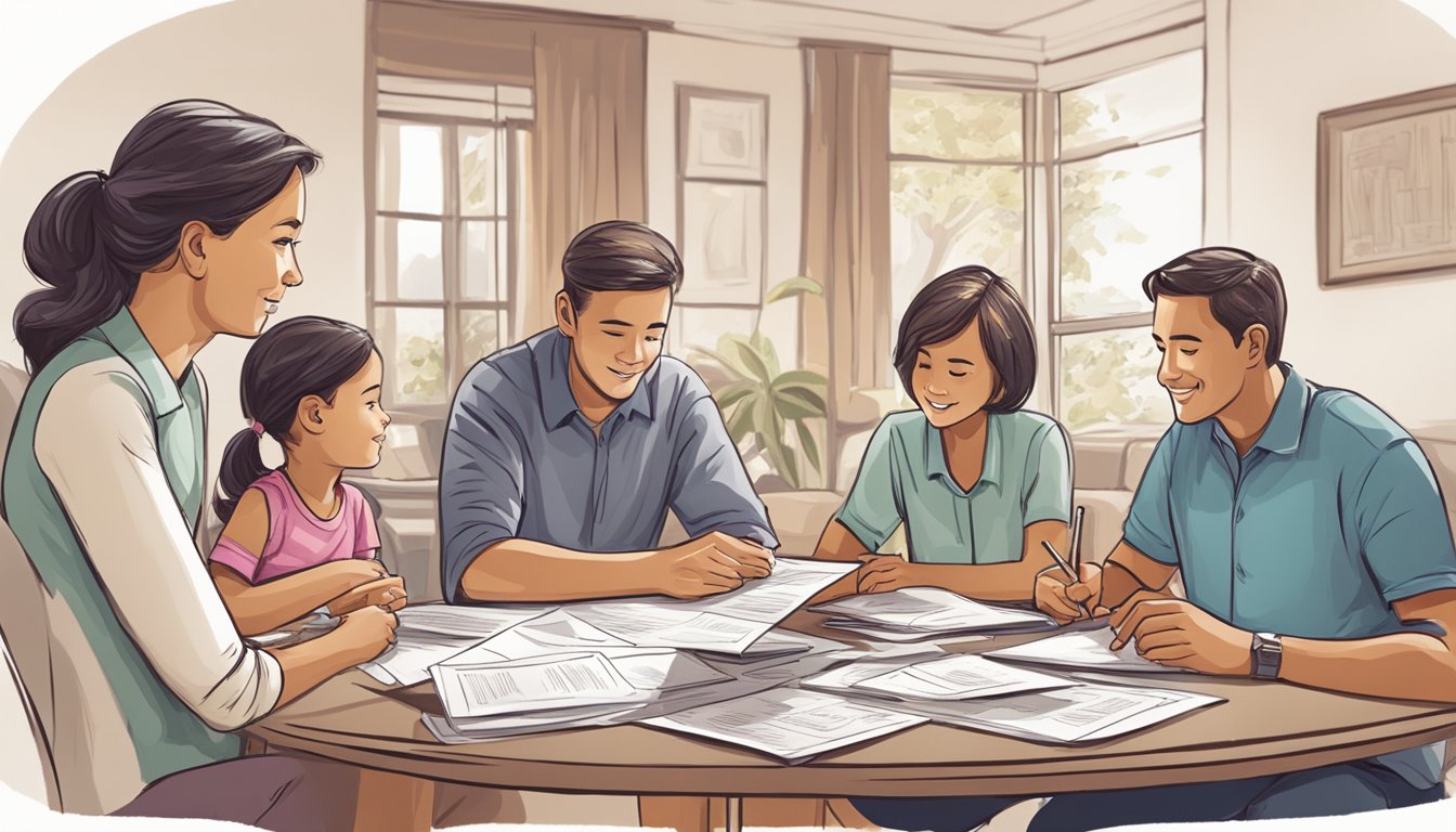 A family sitting around a table, with the parents reviewing paperwork and discussing financial plans, while their children play in the background