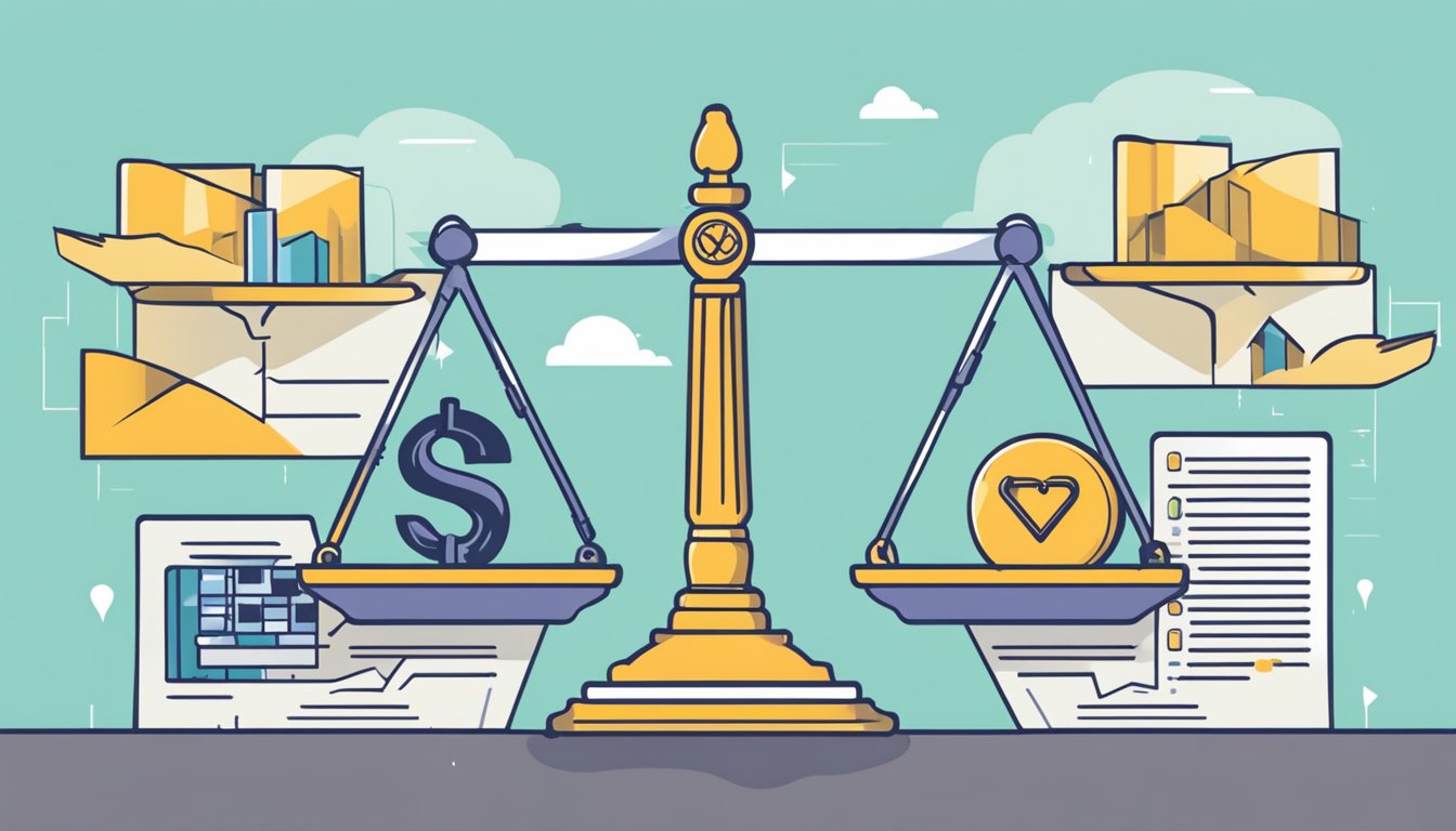 A scale weighing the pros and cons of a cash value life insurance policy, surrounded by arrows pointing to different alternative strategies