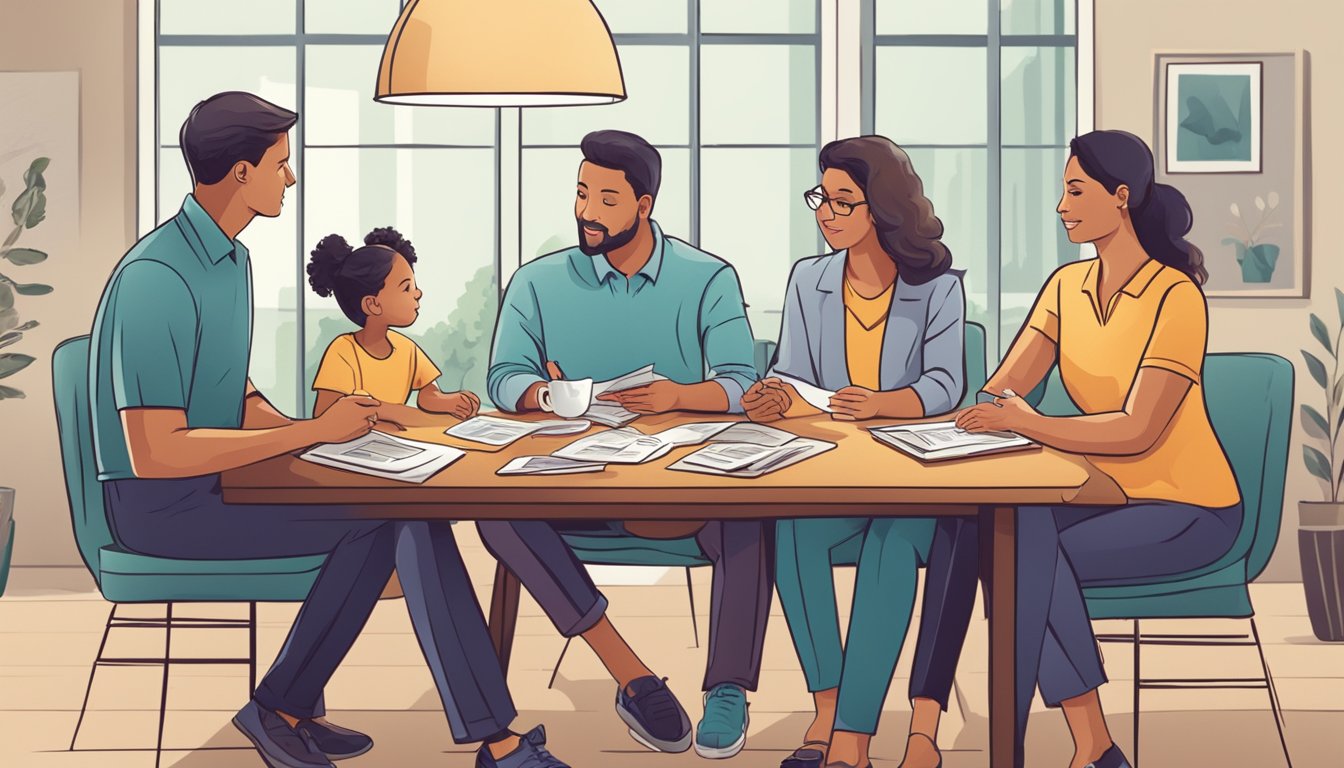 A family sitting around a table discussing financial options for the future, with a focus on risk management and high early cash value life insurance