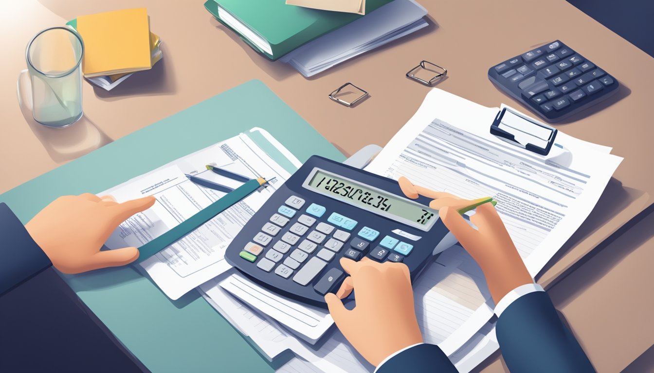 A serene office desk with a calculator, paperwork, and a policy document. A hand reaches for the document, indicating a decision to take out a loan