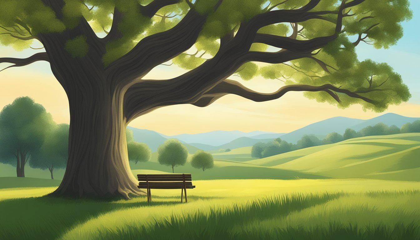 A serene, idyllic landscape with a sturdy oak tree casting a protective shadow over a peaceful meadow, symbolizing the security and stability of cash value life insurance for beneficiaries