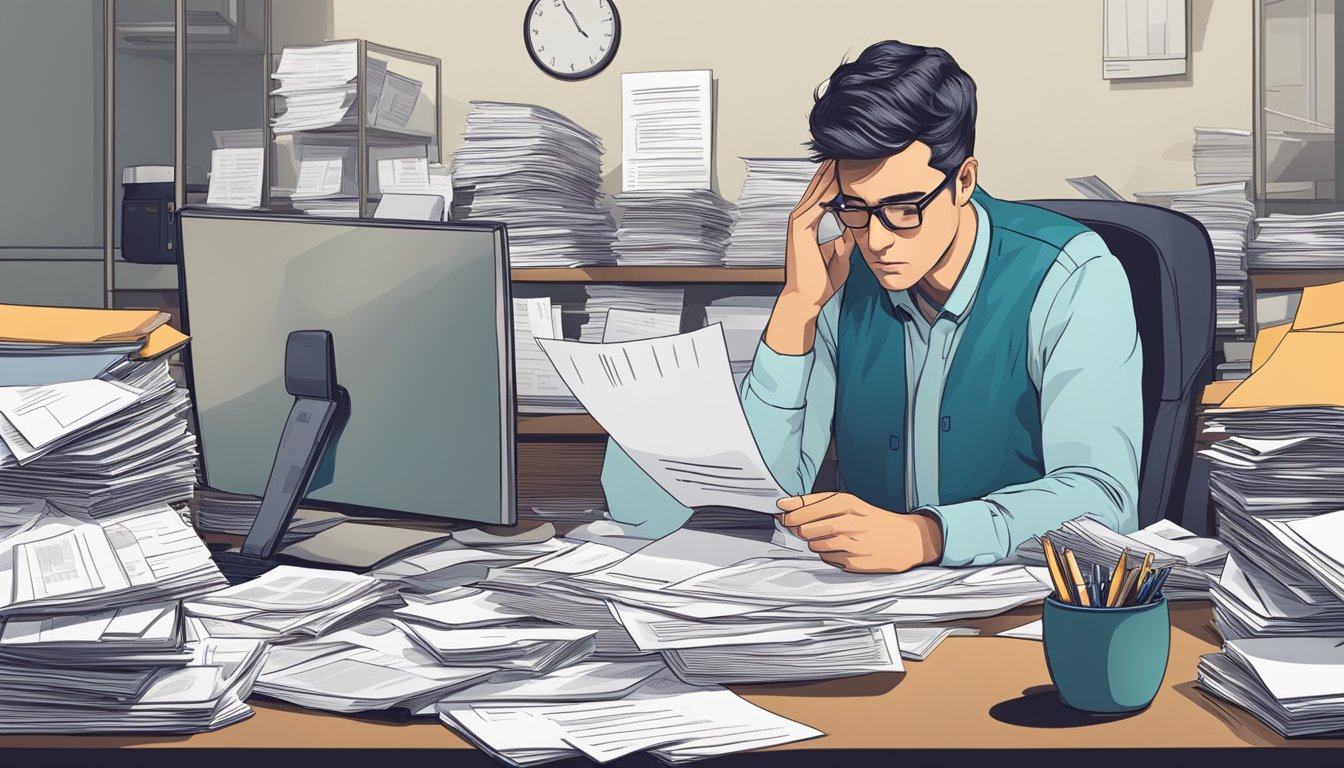 A person sitting at a desk, surrounded by paperwork and financial documents, with a concerned expression on their face