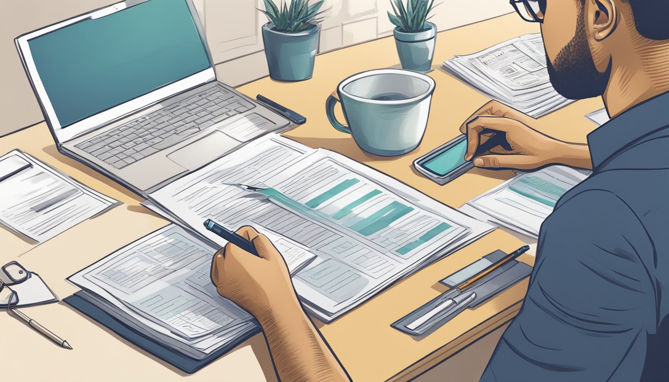 A person sitting at a desk, reviewing documents and financial statements while considering the strategic implications of taking out a cash value life insurance loan