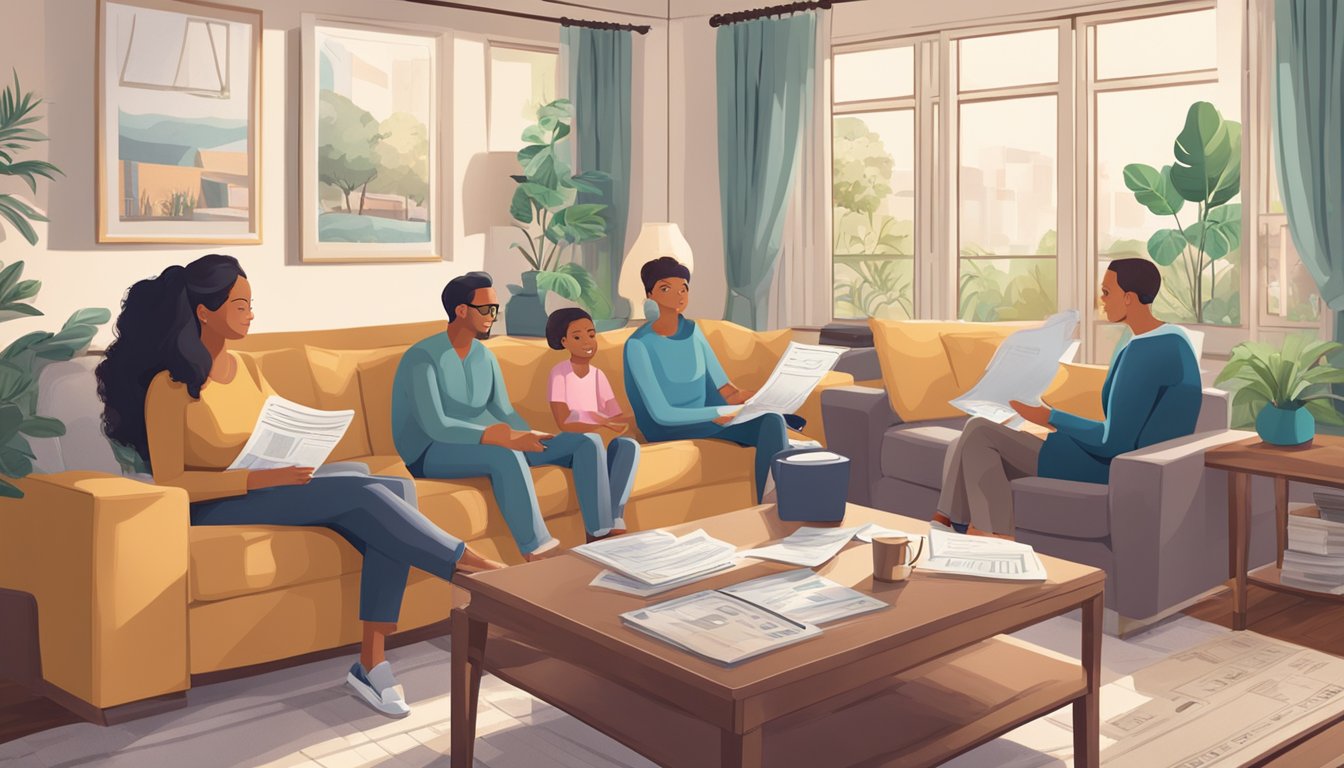 A family sits around a cozy living room, surrounded by financial documents and charts. A large life insurance policy with a cash value of 1 million dollars is prominently displayed on the table