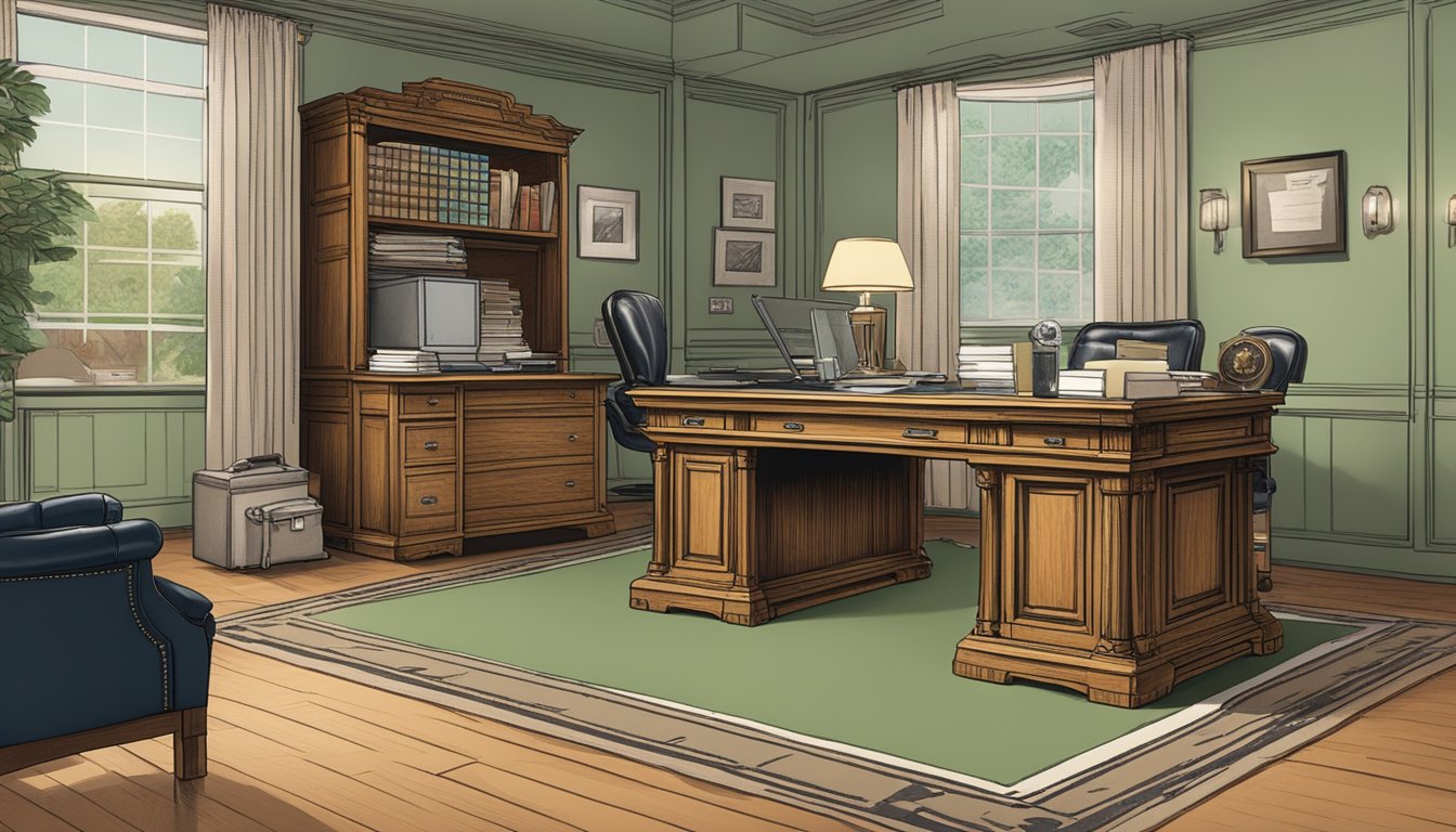 A large oak desk with a leather chair, a vintage safe, and a stack of paperwork labeled "1 Million Dollar Life Insurance Policy."