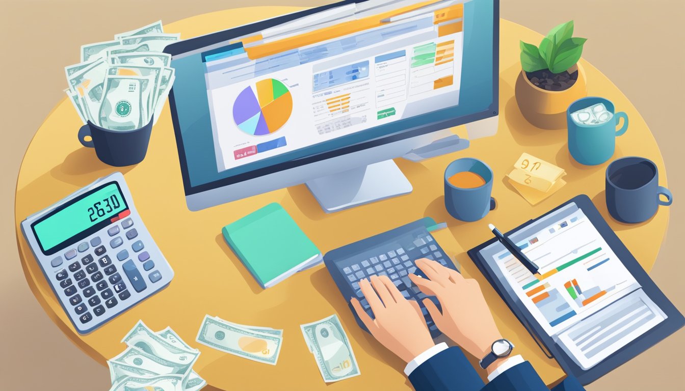 A person sitting at a desk, comparing different cash value life insurance policies on a computer screen. A calculator and paperwork are scattered on the desk