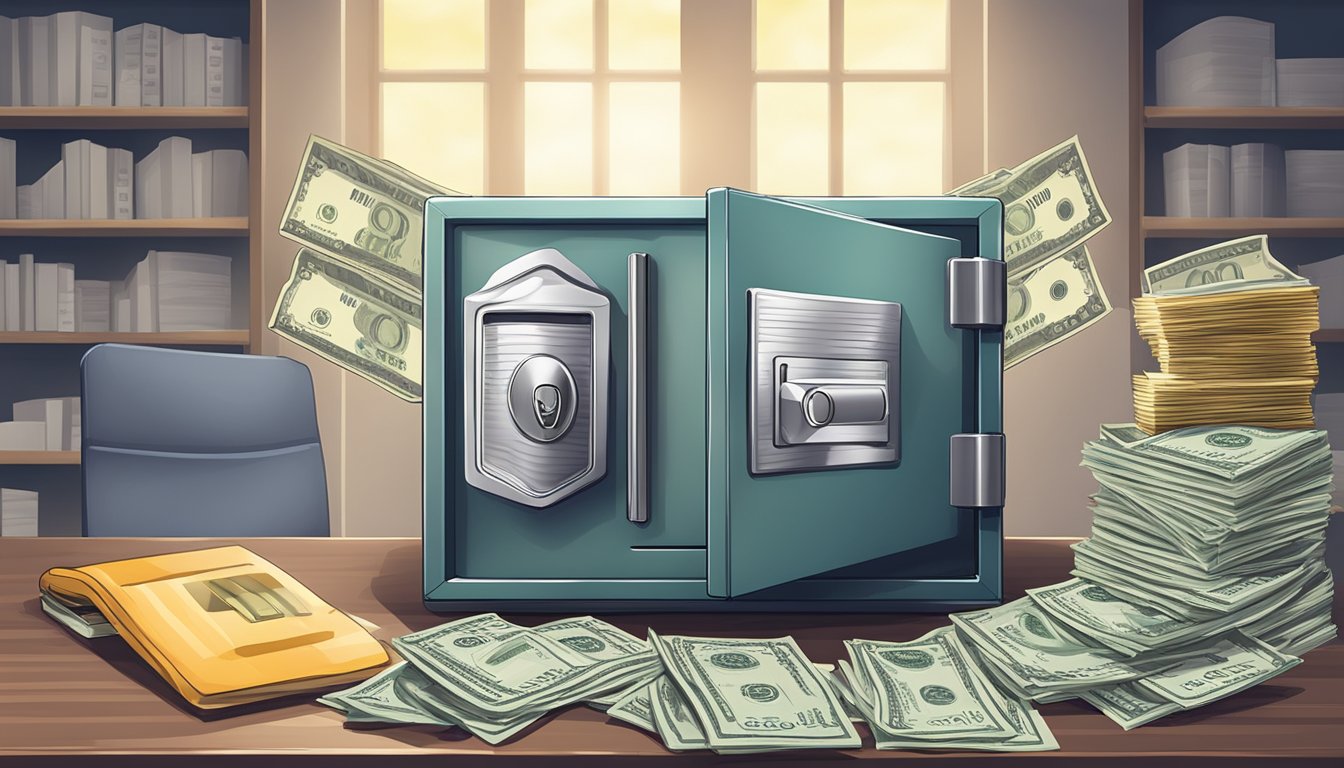 A secure vault with stacks of cash and a life insurance policy document on a desk