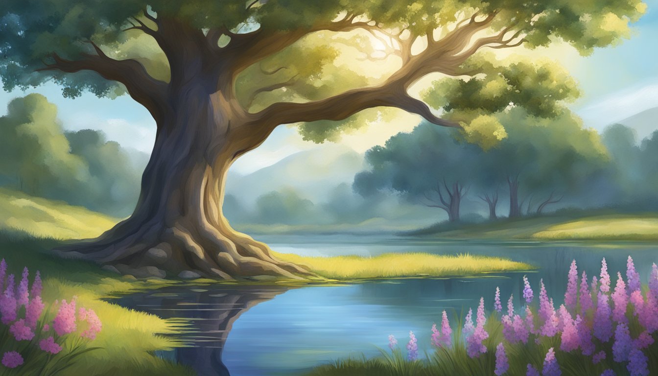 A serene landscape with a sturdy oak tree, casting a protective shadow over a tranquil pond, surrounded by vibrant wildflowers