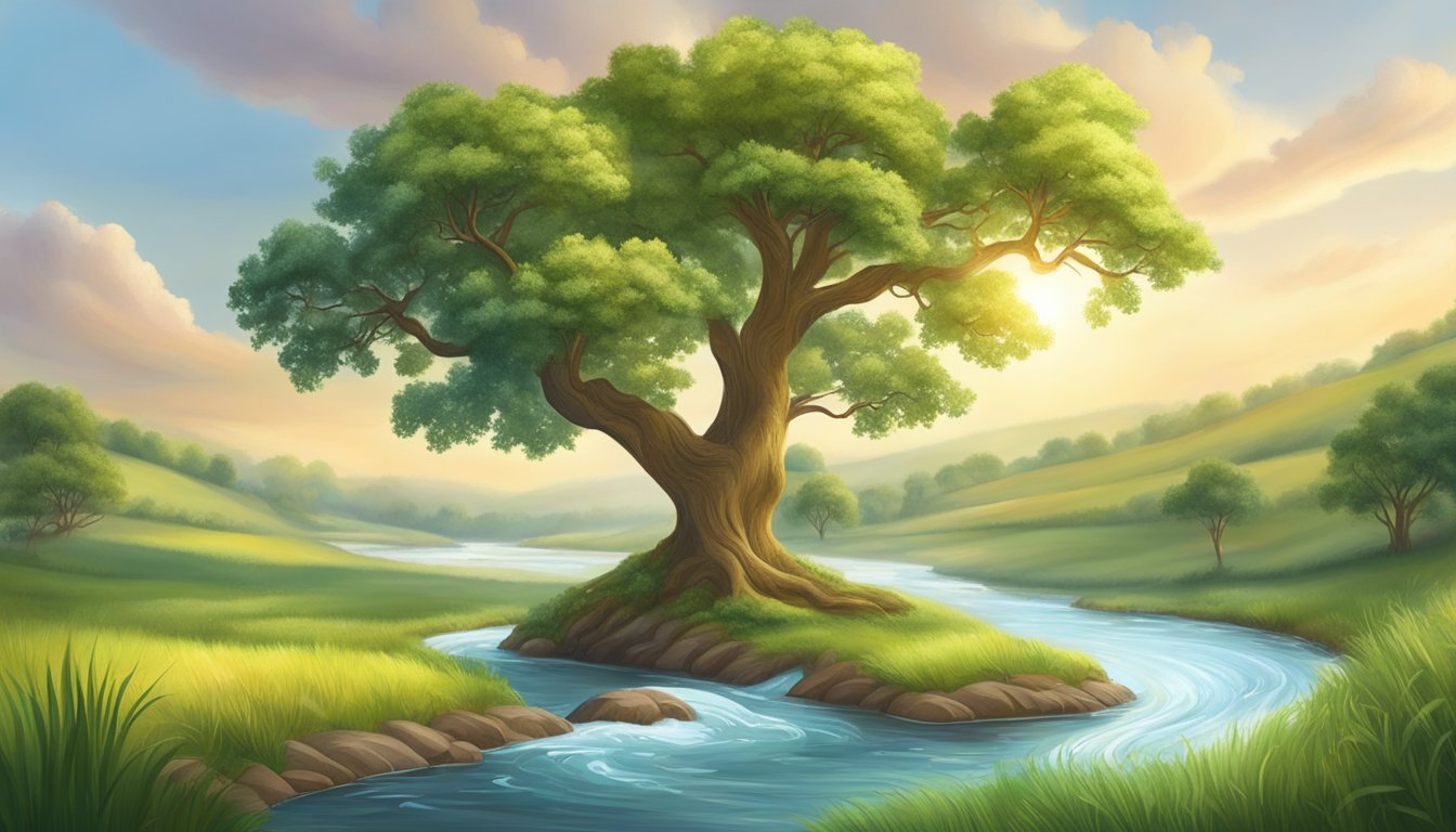 A serene, idyllic landscape with a majestic oak tree and a flowing river, symbolizing the growth and stability of tax-free cash value life insurance