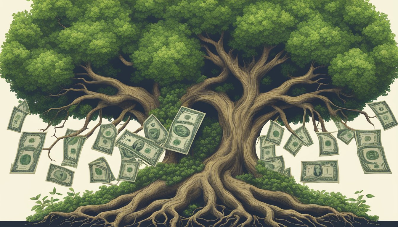 A tree with branches representing different investment options, with roots symbolizing the cash value, surrounded by a protective shield representing the life insurance coverage