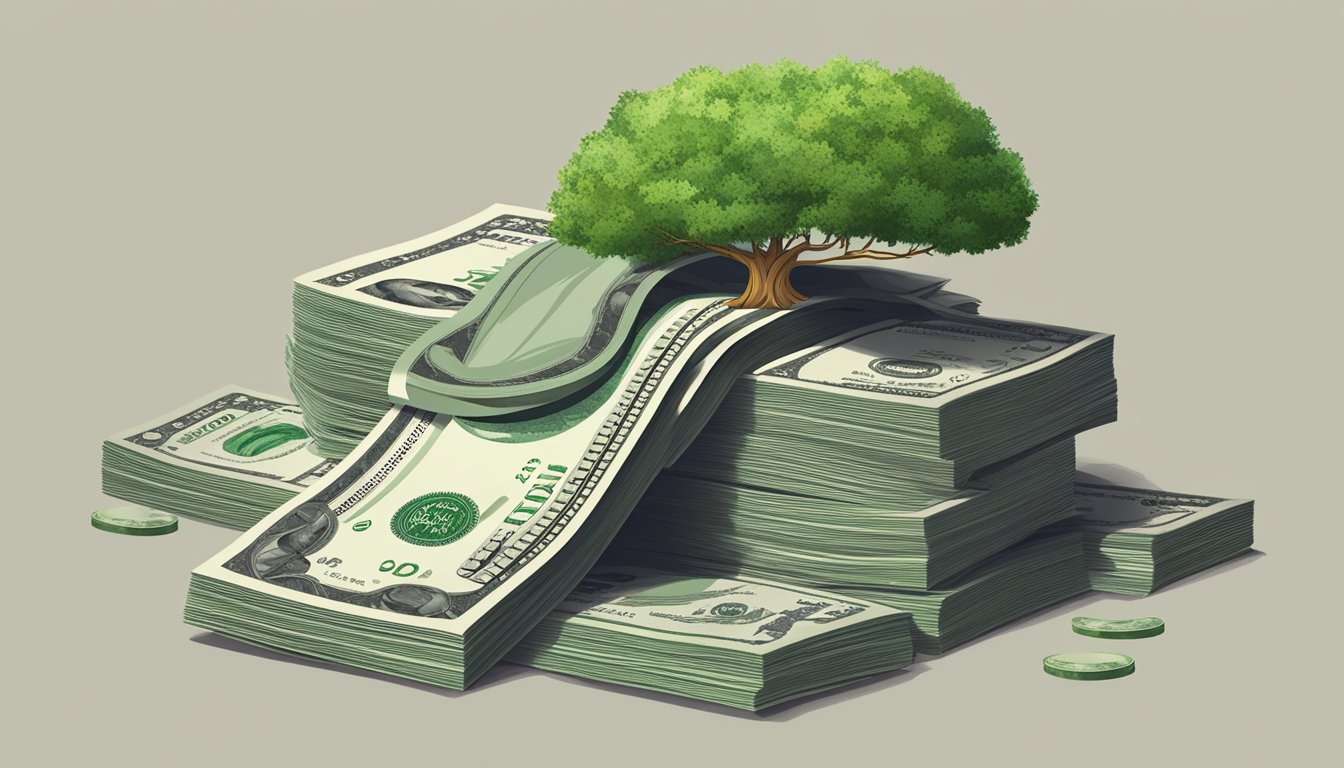 A stack of money and a growing tree symbolize the cash value of a $10,000 life insurance policy