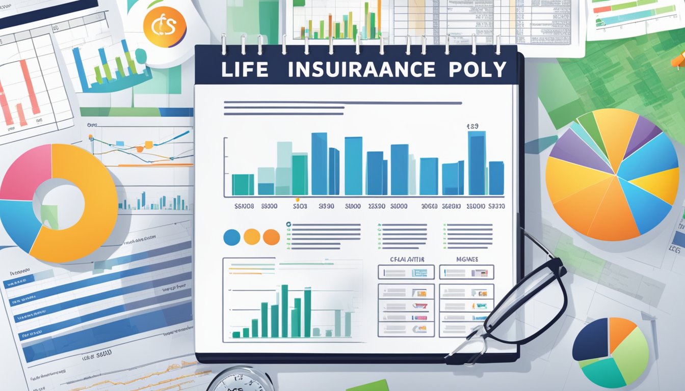 A life insurance policy document with a highlighted cash value of $10,000 surrounded by financial charts and graphs