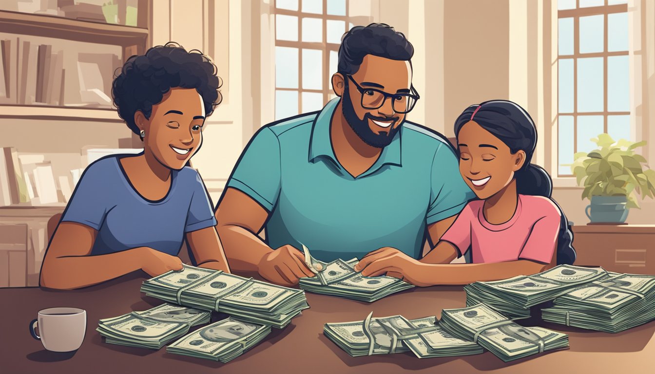 A family sitting around a table, with a life insurance policy document and a stack of cash representing the $10,000 cash value