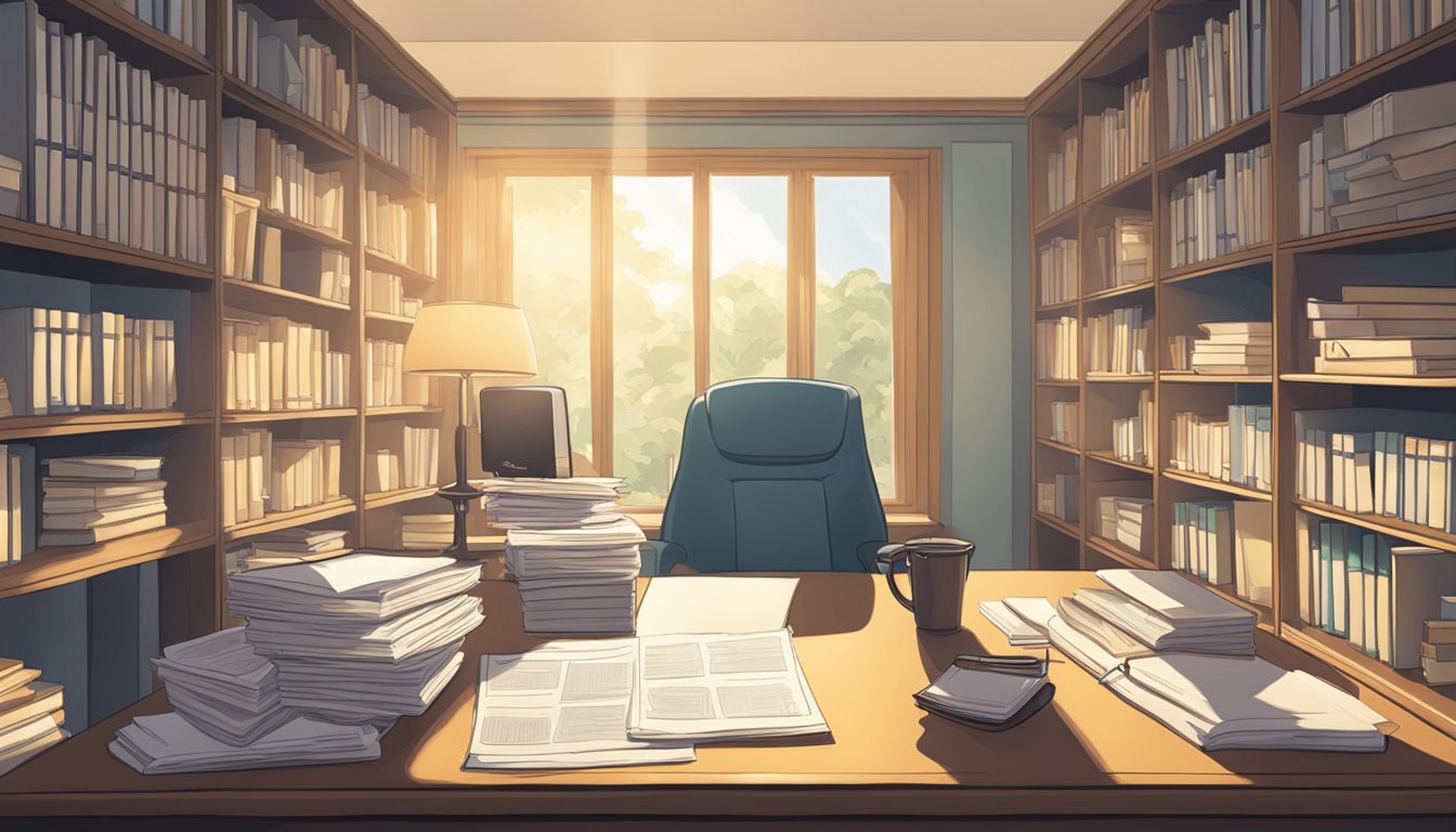 A serene, sunlit room with a desk holding paperwork and a calculator, surrounded by shelves of financial books and a framed life insurance policy