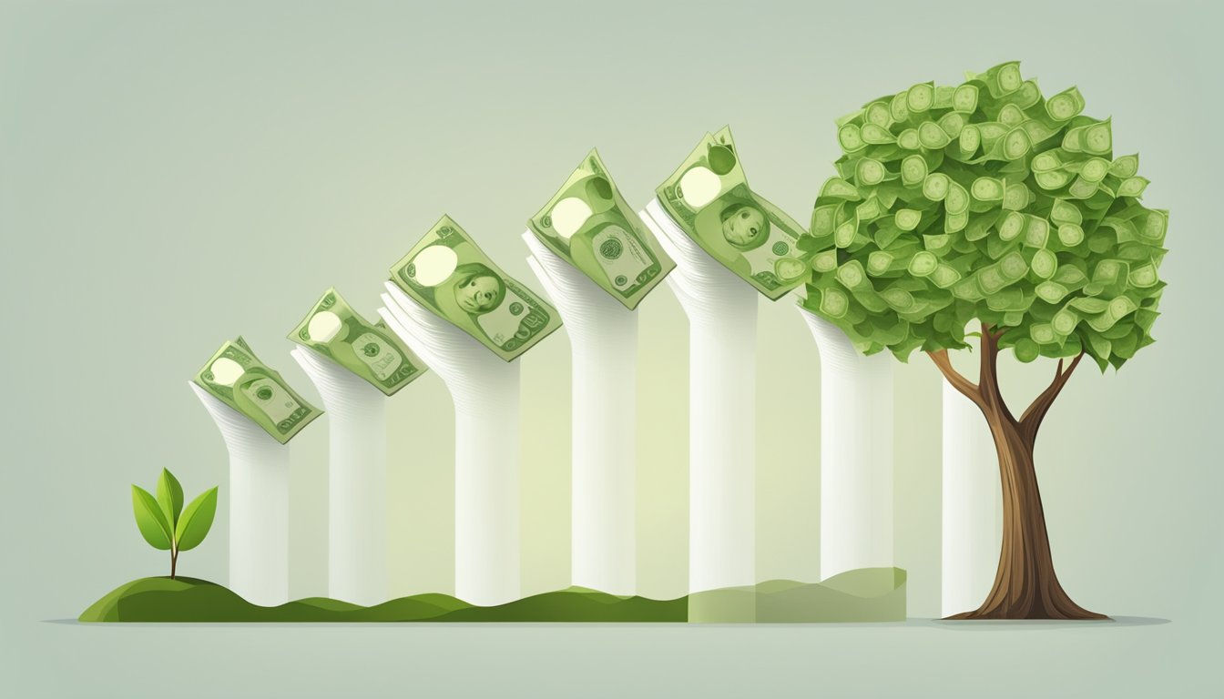 A tree growing cash bills instead of leaves, with a scale showing the growth of the cash value over time